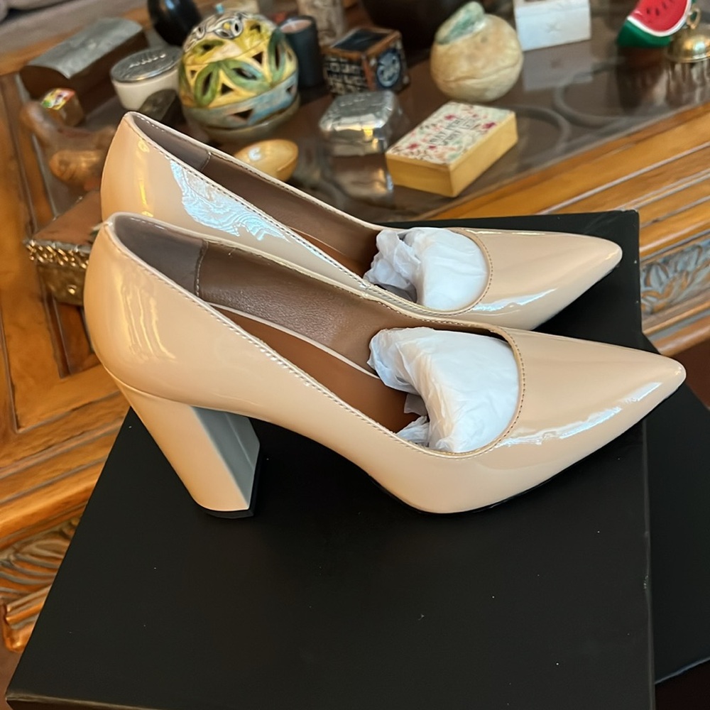 Chunky High Heel Pumps Pointed Toe Closed Toe Sandals 4.3” Block Heel Slip On